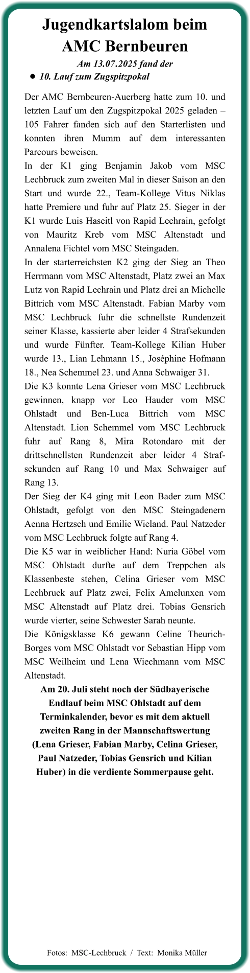 Der AMC Bernbeuren-Auerberg hatte zum 10. und letzten Lauf um den Zugspitzpokal 2025 geladen – 105 Fahrer fanden sich auf den Starterlisten und konnten ihren Mumm auf dem interessanten Parcours beweisen. In der K1 ging Benjamin Jakob vom MSC Lechbruck zum zweiten Mal in dieser Saison an den Start und wurde 22., Team-Kollege Vitus Niklas hatte Premiere und fuhr auf Platz 25. Sieger in der K1 wurde Luis Haseitl von Rapid Lechrain, gefolgt von Mauritz Kreb vom MSC Altenstadt und Annalena Fichtel vom MSC Steingaden. In der starterreichsten K2 ging der Sieg an Theo Herrmann vom MSC Altenstadt, Platz zwei an Max Lutz von Rapid Lechrain und Platz drei an Michelle Bittrich vom MSC Altenstadt. Fabian Marby vom MSC Lechbruck fuhr die schnellste Rundenzeit seiner Klasse, kassierte aber leider 4 Strafsekunden und wurde Fünfter. Team-Kollege Kilian Huber wurde 13., Lian Lehmann 15., Joséphine Hofmann 18., Nea Schemmel 23. und Anna Schwaiger 31. Die K3 konnte Lena Grieser vom MSC Lechbruck gewinnen, knapp vor Leo Hauder vom MSC Ohlstadt und Ben-Luca Bittrich vom MSC Altenstadt. Lion Schemmel vom MSC Lechbruck fuhr auf Rang 8, Mira Rotondaro mit der drittschnellsten Rundenzeit aber leider 4 Straf-sekunden auf Rang 10 und Max Schwaiger auf Rang 13. Der Sieg der K4 ging mit Leon Bader zum MSC Ohlstadt, gefolgt von den MSC Steingadenern Aenna Hertzsch und Emilie Wieland. Paul Natzeder vom MSC Lechbruck folgte auf Rang 4. Die K5 war in weiblicher Hand: Nuria Göbel vom MSC Ohlstadt durfte auf dem Treppchen als Klassenbeste stehen, Celina Grieser vom MSC Lechbruck auf Platz zwei, Felix Amelunxen vom MSC Altenstadt auf Platz drei. Tobias Gensrich wurde vierter, seine Schwester Sarah neunte. Die Königsklasse K6 gewann Celine Theurich-Borges vom MSC Ohlstadt vor Sebastian Hipp vom MSC Weilheim und Lena Wiechmann vom MSC Altenstadt. Am 20. Juli steht noch der Südbayerische Endlauf beim MSC Ohlstadt auf dem Terminkalender, bevor es mit dem aktuell zweiten Rang in der Mannschaftswertung  (Lena Grieser, Fabian Marby, Celina Grieser, Paul Natzeder, Tobias Gensrich und Kilian Huber) in die verdiente Sommerpause geht.     Am 13.07	.2025 fand der •	10. Lauf zum Zugspitzpokal Jugendkartslalom beimAMC Bernbeuren   Fotos:  MSC-Lechbruck  /  Text:  Monika Müller