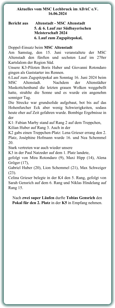 Doppel-Einsatz beim MSC Altenstadt Am Samstag, den 15. Juni veranstaltete der MSC Altenstadt den fünften und sechsten Lauf im 270er Kartslalom der Region Süd.  Unsere K3-Piloten Boris Huber und Giovanni Rotondaro gingen als Gaststarter ins Rennen. 6.Lauf zum Zugspitzpokal am Sonntag 16. Juni 2024 beim MSC Altenstadt.  Nachdem der Altenstädter Maskottchenhund die letzten grauen Wolken weggebellt hatte, strahlte die Sonne und es wurde ein angenehm sonniger Tag.  Die Strecke war grundsolide aufgebaut, bot bis auf das Hohenfurcher Eck aber wenig Schwierigkeiten, sodass heute eher auf Zeit gefahren wurde. Bombige Ergebnisse in der  K1: Fabian Marby stand auf Rang 2 auf dem Treppchen,  Kilian Huber auf Rang 3. Auch in der  K2 gabs einen Treppchen-Platz: Lena Grieser errang den 2. Platz, Joséphine Hofmann wurde 16. und Nea Schemmel 20. Stark vertreten war auch wieder unsere  K3 in der Paul Natzeder auf dem 1. Platz landete,  gefolgt von Mira Rotondaro (9), Maxi Hipp (14), Alena Gröger (17),  Gabriel Huber (20), Lion Schemmel (21), Max Schweiger (23).  Celina Grieser belegte in der K4 den 5. Rang, gefolgt von Sarah Gensrich auf dem 6. Rang und Niklas Hindelang auf Rang 15.  Nach zwei super Läufen durfte Tobias Gensrich den Pokal für den 2. Platz in der K5 in Empfang nehmen. Aktuelles vom MSC Lechbruck im ADAC e.V. 16.06.2024   Bericht aus 	Altenstadt - MSC Altenstadt 5. & 6. Lauf zur Südbayerischen Meisterschaft 2024 6. Lauf zum Zugspitzpokal,