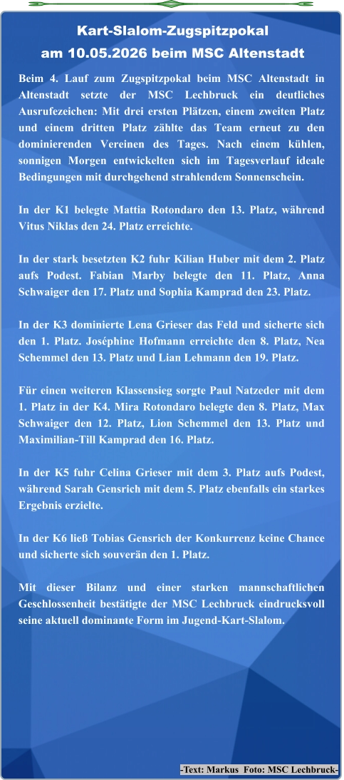 -Text: Markus  Foto: MSC Lechbruck- Beim 4. Lauf zum Zugspitzpokal beim MSC Altenstadt in Altenstadt setzte der MSC Lechbruck ein deutliches Ausrufezeichen: Mit drei ersten Plätzen, einem zweiten Platz und einem dritten Platz zählte das Team erneut zu den dominierenden Vereinen des Tages. Nach einem kühlen, sonnigen Morgen entwickelten sich im Tagesverlauf ideale Bedingungen mit durchgehend strahlendem Sonnenschein.  In der K1 belegte Mattia Rotondaro den 13. Platz, während Vitus Niklas den 24. Platz erreichte.  In der stark besetzten K2 fuhr Kilian Huber mit dem 2. Platz aufs Podest. Fabian Marby belegte den 11. Platz, Anna Schwaiger den 17. Platz und Sophia Kamprad den 23. Platz.  In der K3 dominierte Lena Grieser das Feld und sicherte sich den 1. Platz. Joséphine Hofmann erreichte den 8. Platz, Nea Schemmel den 13. Platz und Lian Lehmann den 19. Platz.  Für einen weiteren Klassensieg sorgte Paul Natzeder mit dem 1. Platz in der K4. Mira Rotondaro belegte den 8. Platz, Max Schwaiger den 12. Platz, Lion Schemmel den 13. Platz und Maximilian‑Till Kamprad den 16. Platz.  In der K5 fuhr Celina Grieser mit dem 3. Platz aufs Podest, während Sarah Gensrich mit dem 5. Platz ebenfalls ein starkes Ergebnis erzielte.  In der K6 ließ Tobias Gensrich der Konkurrenz keine Chance und sicherte sich souverän den 1. Platz.  Mit dieser Bilanz und einer starken mannschaftlichen Geschlossenheit bestätigte der MSC Lechbruck eindrucksvoll seine aktuell dominante Form im Jugend‑Kart‑Slalom. Kart-Slalom-Zugspitzpokalam 10.05.2026 beim MSC Altenstadt