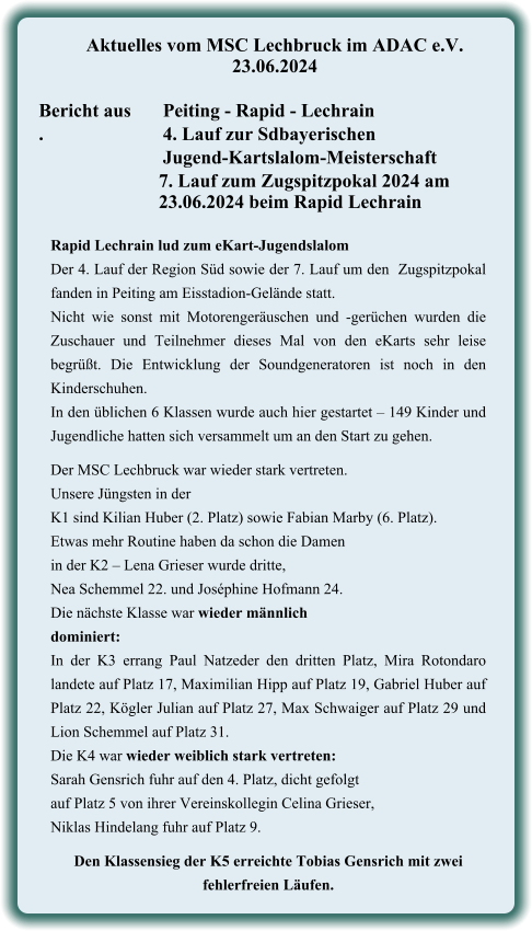 Rapid Lechrain lud zum eKart-Jugendslalom Der 4. Lauf der Region Süd sowie der 7. Lauf um den  Zugspitzpokal fanden in Peiting am Eisstadion-Gelände statt. Nicht wie sonst mit Motorengeräuschen und -gerüchen wurden die Zuschauer und Teilnehmer dieses Mal von den eKarts sehr leise begrüßt. Die Entwicklung der Soundgeneratoren ist noch in den Kinderschuhen.  In den üblichen 6 Klassen wurde auch hier gestartet – 149 Kinder und Jugendliche hatten sich versammelt um an den Start zu gehen.  Der MSC Lechbruck war wieder stark vertreten. Unsere Jüngsten in der  K1 sind Kilian Huber (2. Platz) sowie Fabian Marby (6. Platz).  Etwas mehr Routine haben da schon die Damenin der K2 – Lena Grieser wurde dritte, Nea Schemmel 22. und Joséphine Hofmann 24.  Die nächste Klasse war wieder männlich dominiert:  In der K3 errang Paul Natzeder den dritten Platz, Mira Rotondaro landete auf Platz 17, Maximilian Hipp auf Platz 19, Gabriel Huber auf Platz 22, Kögler Julian auf Platz 27, Max Schwaiger auf Platz 29 und Lion Schemmel auf Platz 31.  Die K4 war wieder weiblich stark vertreten:  Sarah Gensrich fuhr auf den 4. Platz, dicht gefolgt  auf Platz 5 von ihrer Vereinskollegin Celina Grieser,  Niklas Hindelang fuhr auf Platz 9.  Den Klassensieg der K5 erreichte Tobias Gensrich mit zwei fehlerfreien Läufen.    Aktuelles vom MSC Lechbruck im ADAC e.V. 23.06.2024   Bericht aus 	Peiting - Rapid - Lechrain .			4. Lauf zur Sdbayerischen Jugend-Kartslalom-Meisterschaft  7. Lauf zum Zugspitzpokal 2024 am 23.06.2024 beim Rapid Lechrain