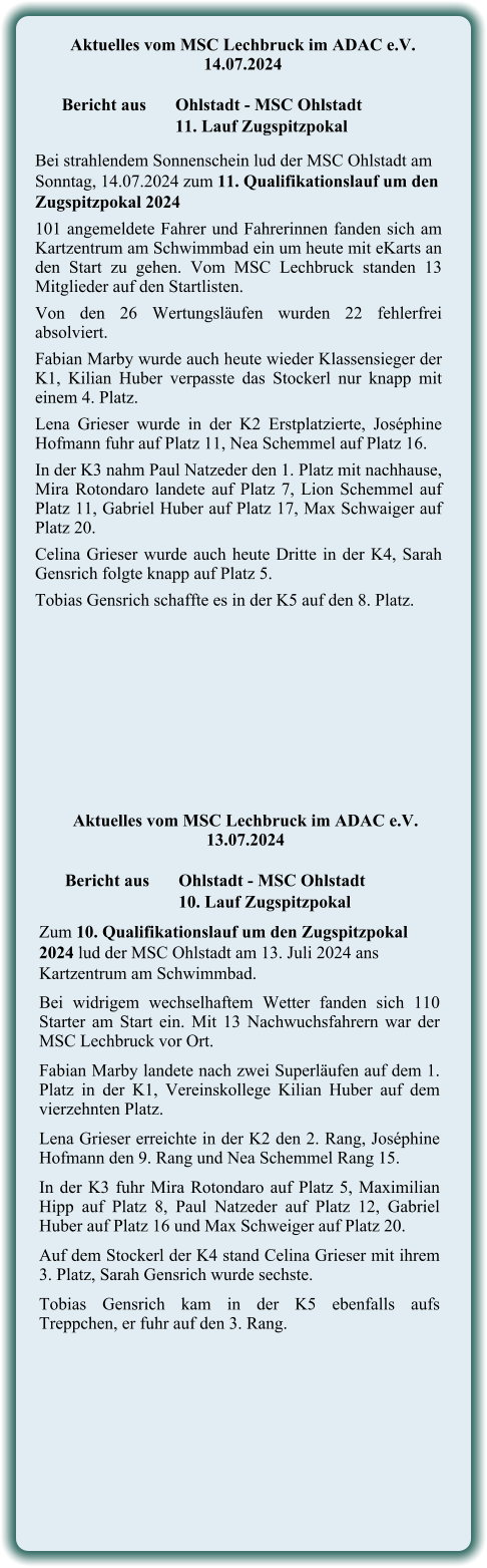 Zum 10. Qualifikationslauf um den Zugspitzpokal 2024 lud der MSC Ohlstadt am 13. Juli 2024 ans Kartzentrum am Schwimmbad. Bei widrigem wechselhaftem Wetter fanden sich 110 Starter am Start ein. Mit 13 Nachwuchsfahrern war der MSC Lechbruck vor Ort. Fabian Marby landete nach zwei Superläufen auf dem 1. Platz in der K1, Vereinskollege Kilian Huber auf dem vierzehnten Platz. Lena Grieser erreichte in der K2 den 2. Rang, Joséphine Hofmann den 9. Rang und Nea Schemmel Rang 15. In der K3 fuhr Mira Rotondaro auf Platz 5, Maximilian Hipp auf Platz 8, Paul Natzeder auf Platz 12, Gabriel Huber auf Platz 16 und Max Schweiger auf Platz 20. Auf dem Stockerl der K4 stand Celina Grieser mit ihrem 3. Platz, Sarah Gensrich wurde sechste. Tobias Gensrich kam in der K5 ebenfalls aufs Treppchen, er fuhr auf den 3. Rang.     Aktuelles vom MSC Lechbruck im ADAC e.V. 13.07.2024   Bericht aus 	Ohlstadt - MSC Ohlstadt 10. Lauf Zugspitzpokal Bei strahlendem Sonnenschein lud der MSC Ohlstadt am Sonntag, 14.07.2024 zum 11. Qualifikationslauf um den Zugspitzpokal 2024 101 angemeldete Fahrer und Fahrerinnen fanden sich am Kartzentrum am Schwimmbad ein um heute mit eKarts an den Start zu gehen. Vom MSC Lechbruck standen 13 Mitglieder auf den Startlisten. Von den 26 Wertungsläufen wurden 22 fehlerfrei absolviert. Fabian Marby wurde auch heute wieder Klassensieger der K1, Kilian Huber verpasste das Stockerl nur knapp mit einem 4. Platz. Lena Grieser wurde in der K2 Erstplatzierte, Joséphine Hofmann fuhr auf Platz 11, Nea Schemmel auf Platz 16. In der K3 nahm Paul Natzeder den 1. Platz mit nachhause, Mira Rotondaro landete auf Platz 7, Lion Schemmel auf Platz 11, Gabriel Huber auf Platz 17, Max Schwaiger auf Platz 20. Celina Grieser wurde auch heute Dritte in der K4, Sarah Gensrich folgte knapp auf Platz 5. Tobias Gensrich schaffte es in der K5 auf den 8. Platz.      Aktuelles vom MSC Lechbruck im ADAC e.V. 14.07.2024   Bericht aus 	Ohlstadt - MSC Ohlstadt 11. Lauf Zugspitzpokal