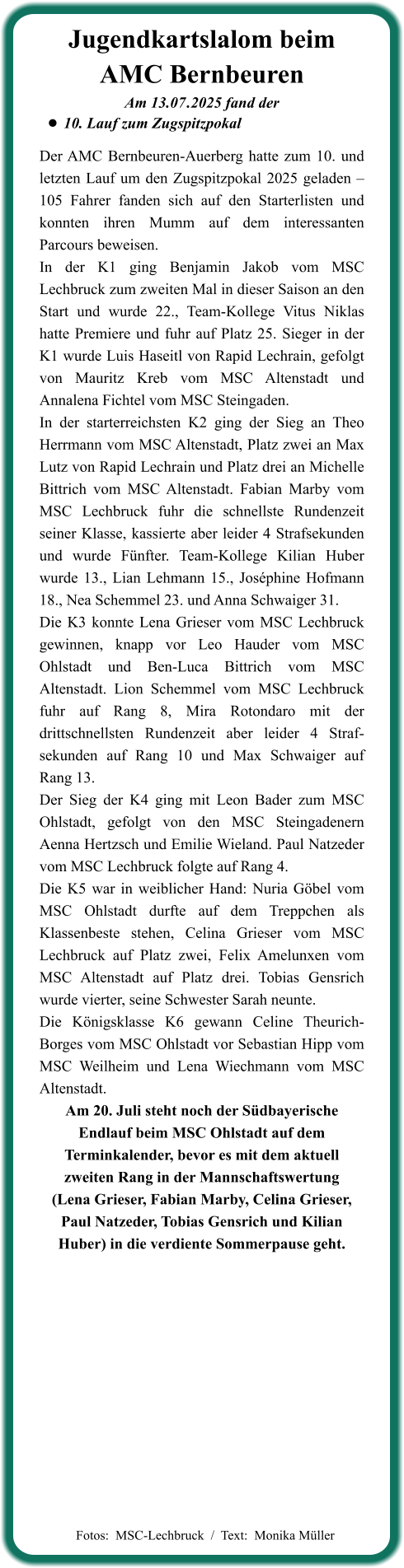 Der AMC Bernbeuren-Auerberg hatte zum 10. und letzten Lauf um den Zugspitzpokal 2025 geladen – 105 Fahrer fanden sich auf den Starterlisten und konnten ihren Mumm auf dem interessanten Parcours beweisen. In der K1 ging Benjamin Jakob vom MSC Lechbruck zum zweiten Mal in dieser Saison an den Start und wurde 22., Team-Kollege Vitus Niklas hatte Premiere und fuhr auf Platz 25. Sieger in der K1 wurde Luis Haseitl von Rapid Lechrain, gefolgt von Mauritz Kreb vom MSC Altenstadt und Annalena Fichtel vom MSC Steingaden. In der starterreichsten K2 ging der Sieg an Theo Herrmann vom MSC Altenstadt, Platz zwei an Max Lutz von Rapid Lechrain und Platz drei an Michelle Bittrich vom MSC Altenstadt. Fabian Marby vom MSC Lechbruck fuhr die schnellste Rundenzeit seiner Klasse, kassierte aber leider 4 Strafsekunden und wurde Fünfter. Team-Kollege Kilian Huber wurde 13., Lian Lehmann 15., Joséphine Hofmann 18., Nea Schemmel 23. und Anna Schwaiger 31. Die K3 konnte Lena Grieser vom MSC Lechbruck gewinnen, knapp vor Leo Hauder vom MSC Ohlstadt und Ben-Luca Bittrich vom MSC Altenstadt. Lion Schemmel vom MSC Lechbruck fuhr auf Rang 8, Mira Rotondaro mit der drittschnellsten Rundenzeit aber leider 4 Straf-sekunden auf Rang 10 und Max Schwaiger auf Rang 13. Der Sieg der K4 ging mit Leon Bader zum MSC Ohlstadt, gefolgt von den MSC Steingadenern Aenna Hertzsch und Emilie Wieland. Paul Natzeder vom MSC Lechbruck folgte auf Rang 4. Die K5 war in weiblicher Hand: Nuria Göbel vom MSC Ohlstadt durfte auf dem Treppchen als Klassenbeste stehen, Celina Grieser vom MSC Lechbruck auf Platz zwei, Felix Amelunxen vom MSC Altenstadt auf Platz drei. Tobias Gensrich wurde vierter, seine Schwester Sarah neunte. Die Königsklasse K6 gewann Celine Theurich-Borges vom MSC Ohlstadt vor Sebastian Hipp vom MSC Weilheim und Lena Wiechmann vom MSC Altenstadt. Am 20. Juli steht noch der Südbayerische Endlauf beim MSC Ohlstadt auf dem Terminkalender, bevor es mit dem aktuell zweiten Rang in der Mannschaftswertung  (Lena Grieser, Fabian Marby, Celina Grieser, Paul Natzeder, Tobias Gensrich und Kilian Huber) in die verdiente Sommerpause geht.     Am 13.07	.2025 fand der •	10. Lauf zum Zugspitzpokal Jugendkartslalom beimAMC Bernbeuren   Fotos:  MSC-Lechbruck  /  Text:  Monika Müller