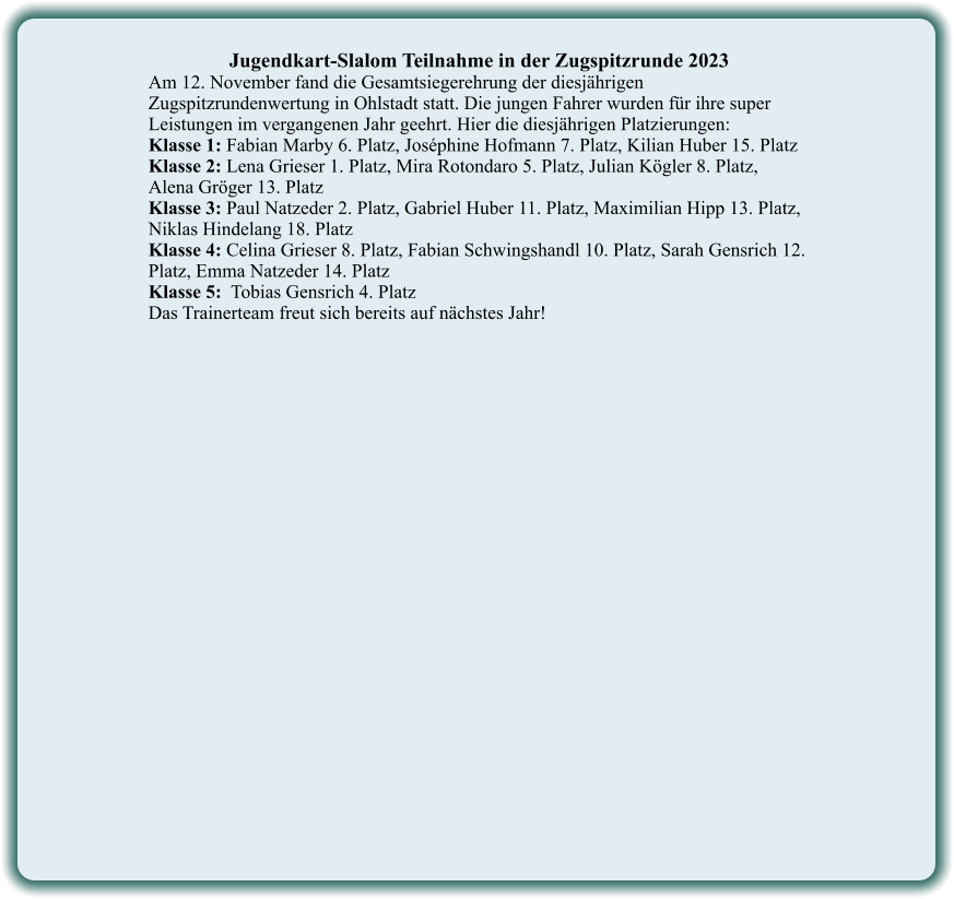 Jugendkart-Slalom Teilnahme in der Zugspitzrunde 2023 Am 12. November fand die Gesamtsiegerehrung der diesjährigen  Zugspitzrundenwertung in Ohlstadt statt. Die jungen Fahrer wurden für ihre super Leistungen im vergangenen Jahr geehrt. Hier die diesjährigen Platzierungen:  Klasse 1: Fabian Marby 6. Platz, Joséphine Hofmann 7. Platz, Kilian Huber 15. Platz Klasse 2: Lena Grieser 1. Platz, Mira Rotondaro 5. Platz, Julian Kögler 8. Platz,  Alena Gröger 13. Platz Klasse 3: Paul Natzeder 2. Platz, Gabriel Huber 11. Platz, Maximilian Hipp 13. Platz, Niklas Hindelang 18. Platz Klasse 4: Celina Grieser 8. Platz, Fabian Schwingshandl 10. Platz, Sarah Gensrich 12. Platz, Emma Natzeder 14. Platz Klasse 5:  Tobias Gensrich 4. Platz Das Trainerteam freut sich bereits auf nächstes Jahr!
